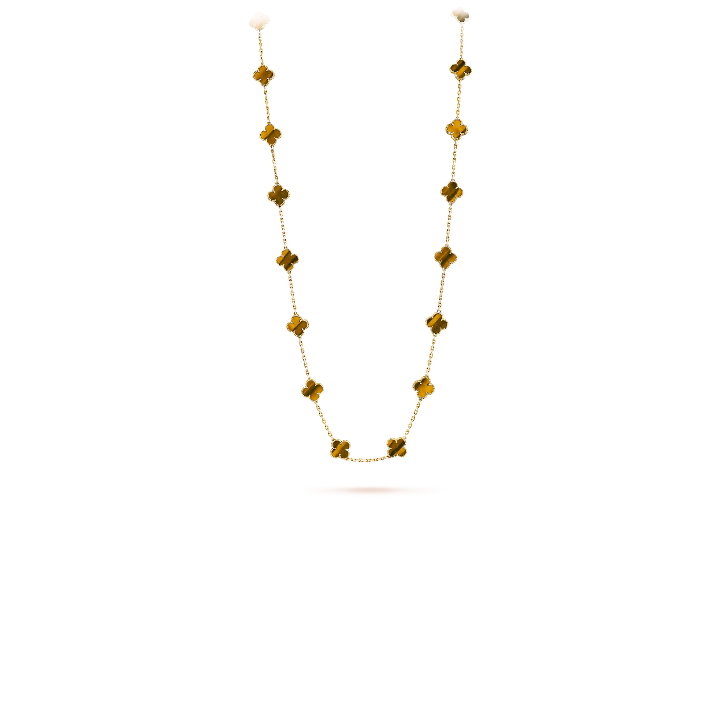 VAN CLEEF ARPELS VINTAGE ALHAMBRA LONG NECKLACE, 20 MOTIFS - YELLOW GOLD, TIGER EYE VCARD39900 VAN CLEEF ARPELS VINTAGE ALHAMBRA LONG NECKLACE, 20 MOTIFS - YELLOW GOLD, TIGER EYE VCARD39900